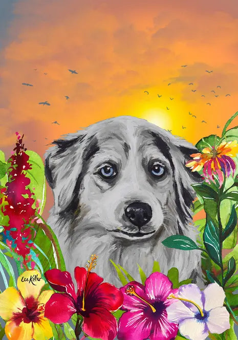 Australian Shepherd - Hippie Hound Studios Tropical Summer  House and Garden Flags Best of Breed