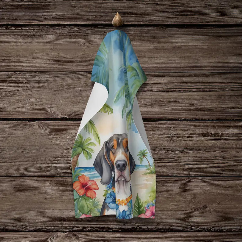 Colorful beach-themed dog towel, featuring a Great Dane surrounded by tropical flowers and palm leaves.