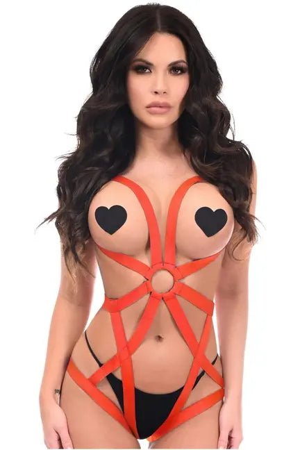 BOXED Red Stretchy Body Harness Bodysuit with Silver Hardware Daisy Corsets