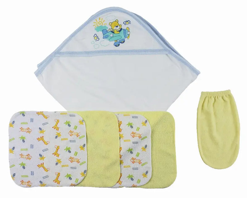 Cute baby bath set featuring a hooded towel in blue, four washcloths in pastel colors, and a soft yellow mitt.
