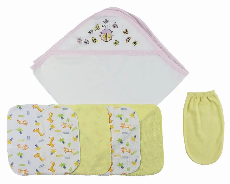 Baby bath towel set with pink trim, featuring a cute butterfly design, plus yellow and patterned washcloths.