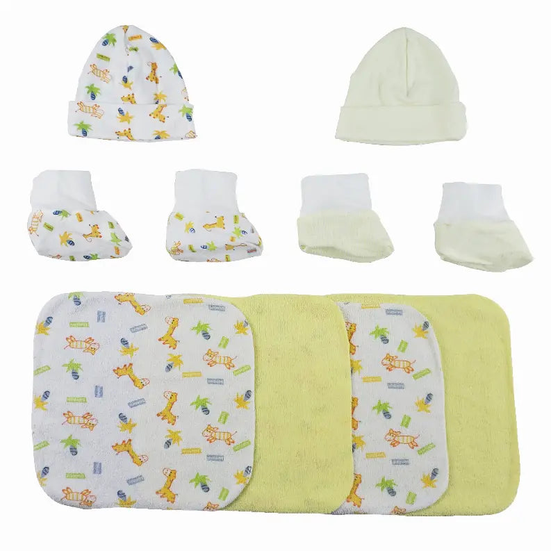 Bambini Two Rib Knit Infant Caps and Booties Sets and Four Washcloths - 8 Piece Set Bambini