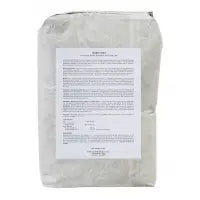 White paper bag containing bulk flour, featuring detailed product information label. Ideal for baking and cooking.