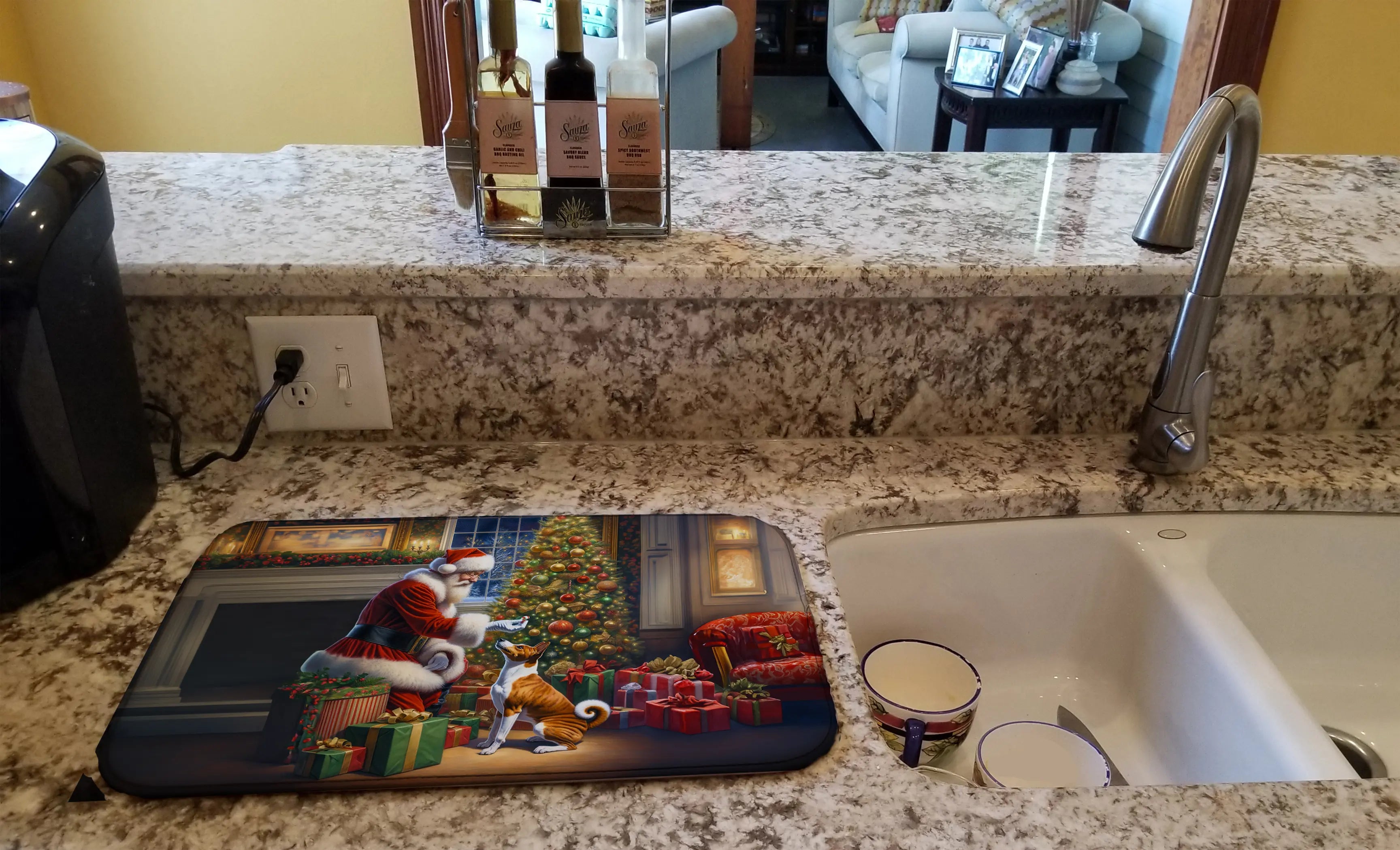 Basenji and Santa Claus Dish Drying Mat Caroline's Treasures