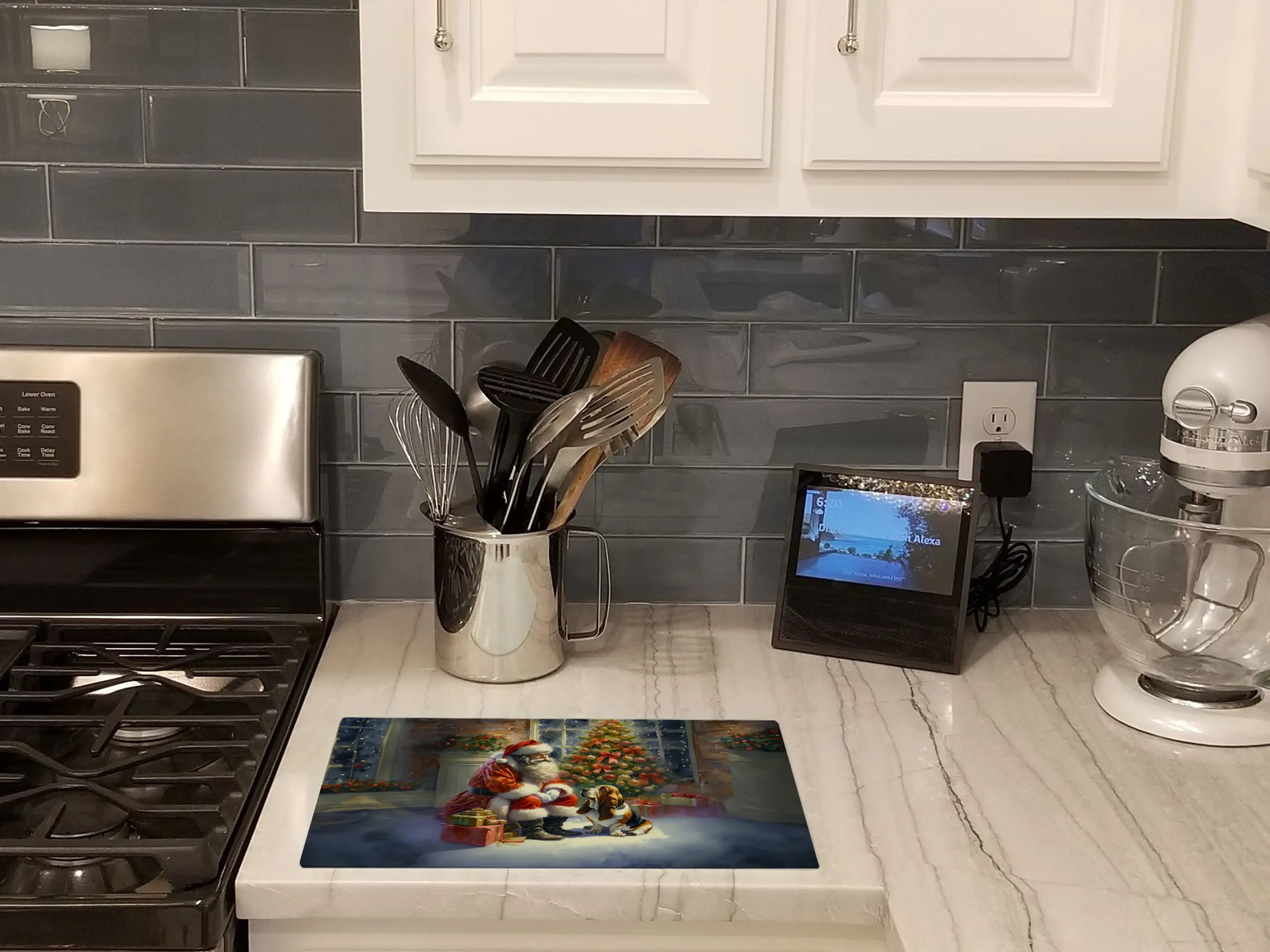 Basset Hound and Santa Claus Glass Cutting Board Caroline's Treasures