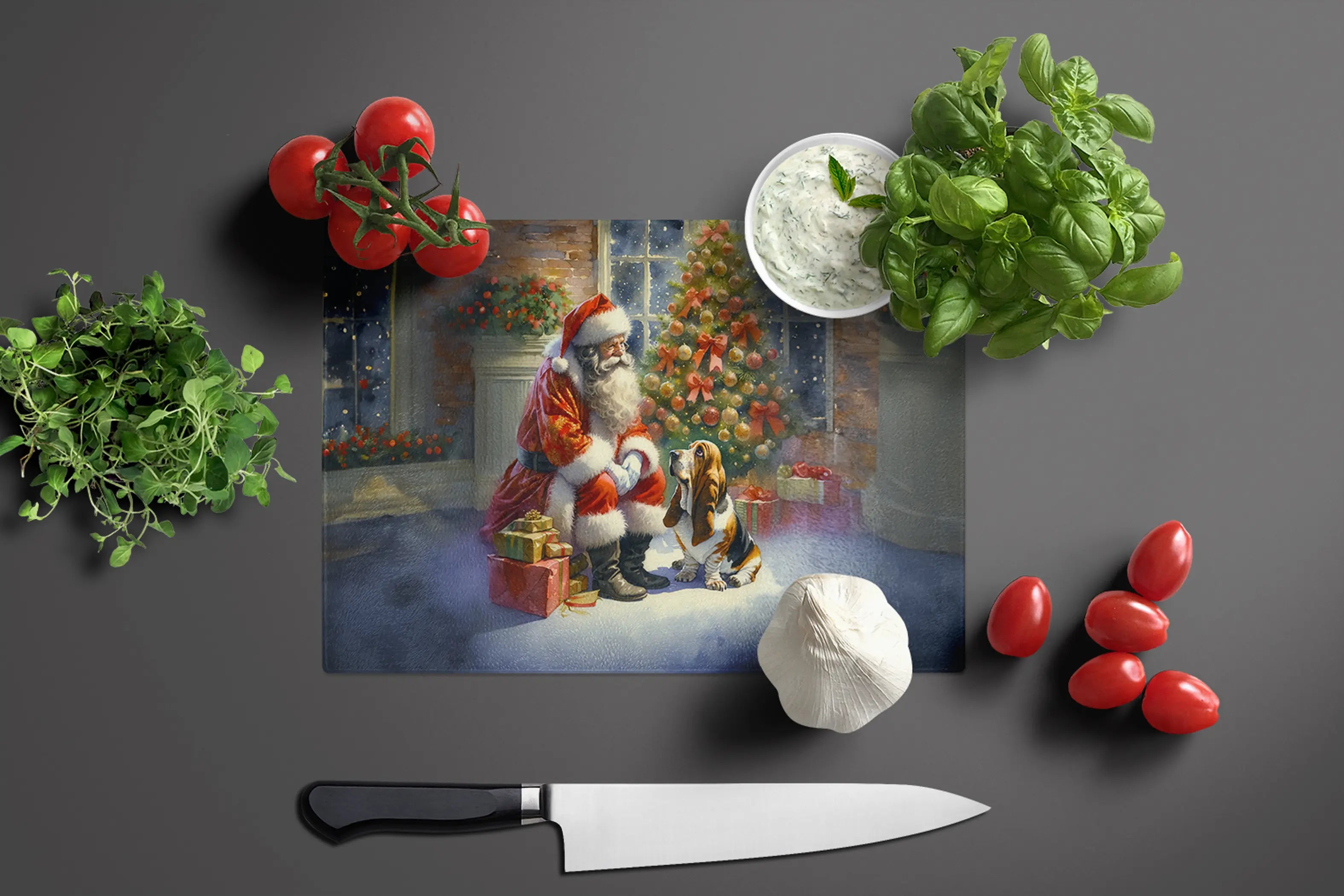 Basset Hound and Santa Claus Glass Cutting Board Caroline's Treasures
