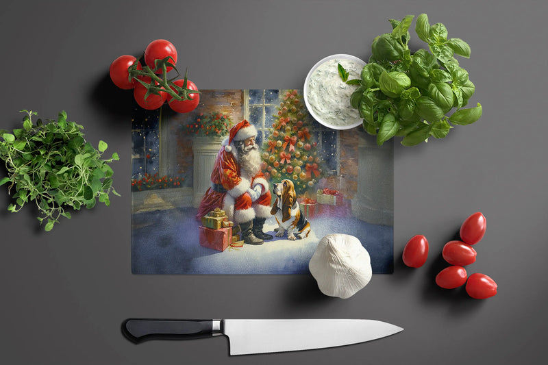 Basset Hound and Santa Claus Glass Cutting Board Caroline's Treasures