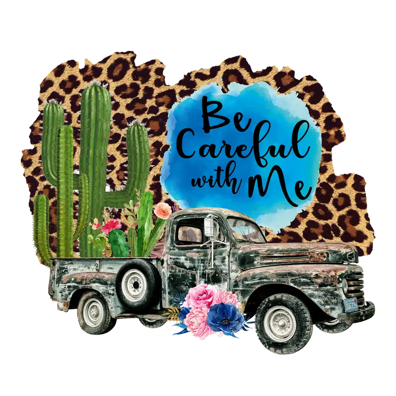 Vintage truck graphic with cactus and flowers, colorful watercolor background, leopard print accents; playful, rustic style.