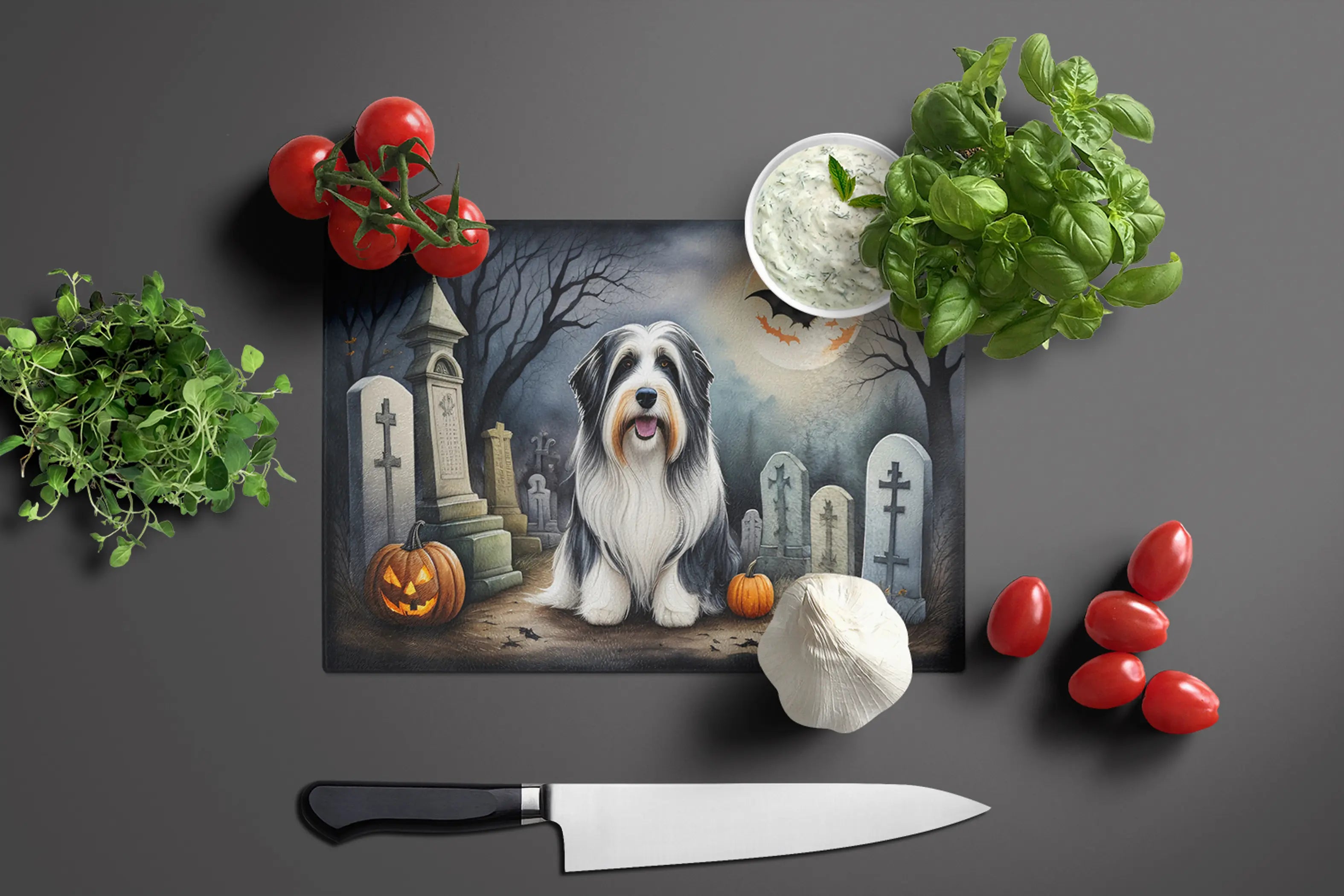 Halloween-themed dog kitchen mat featuring a fluffy dog among tombstones, pumpkins, and autumn decor.