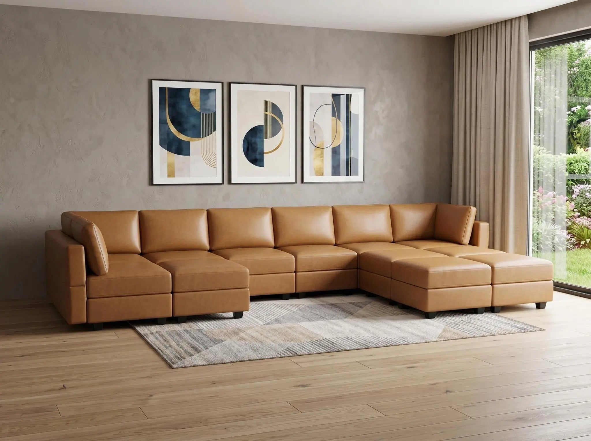 Beige Faux Leather Modular U Shaped Twelve Piece Corner Sectional Homeroots Living Room