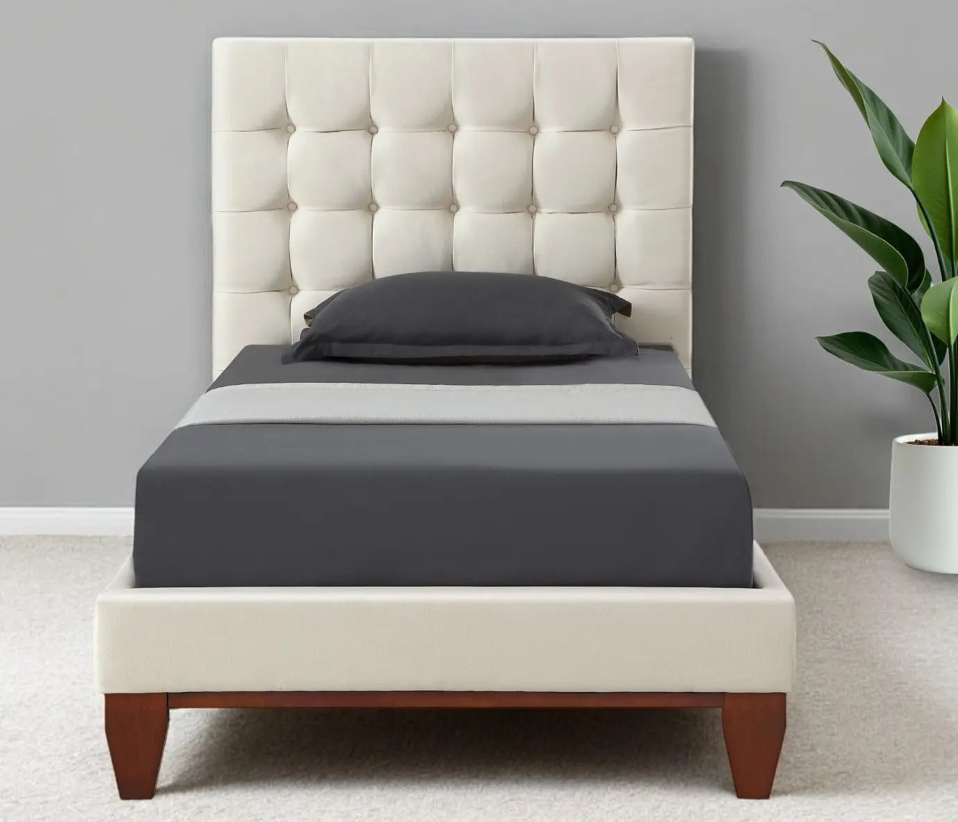 Beige Solid Wood Full Tufted Upholstered Linen Bed Homeroots Bed & Bath