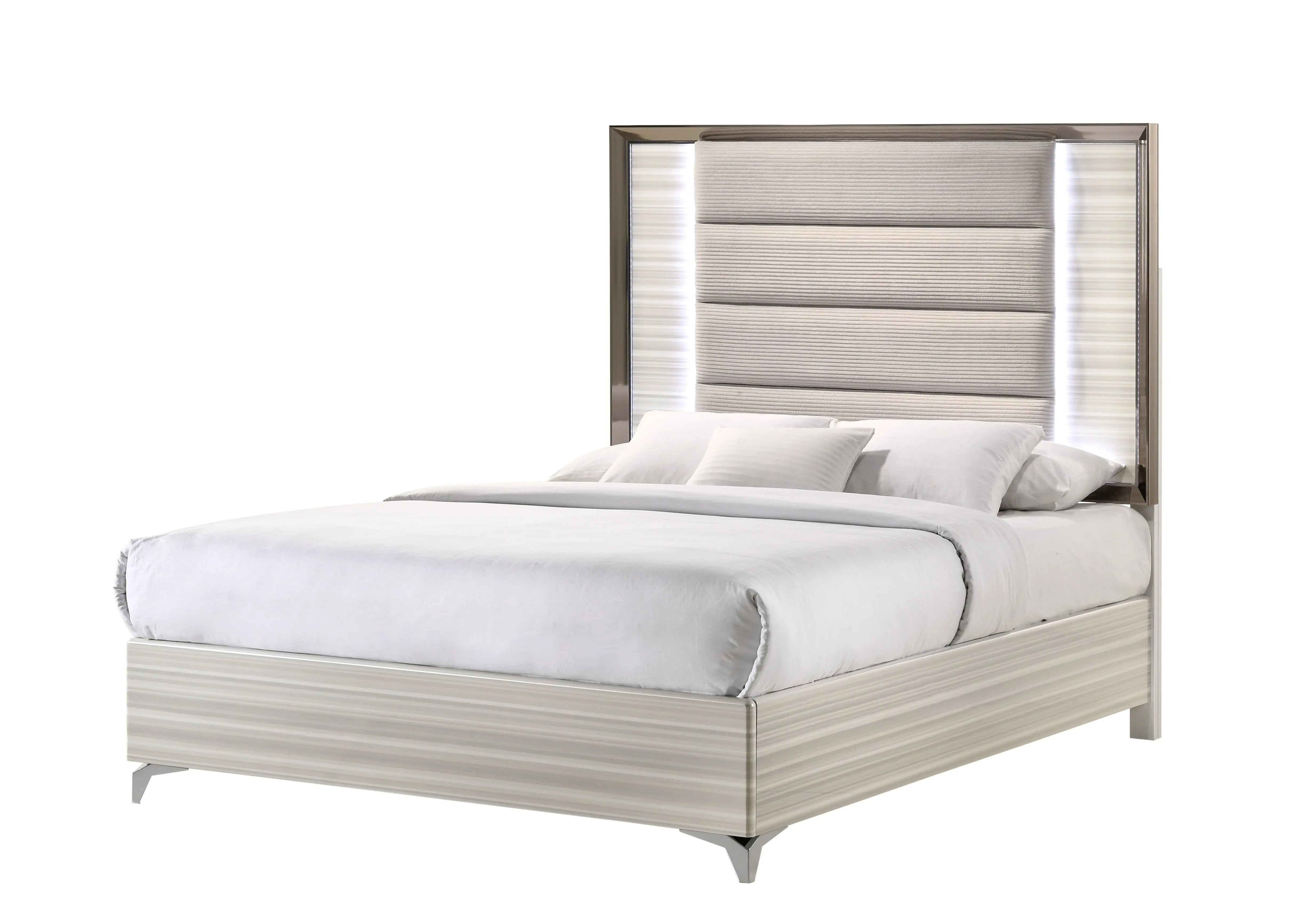 Beige White And Chrome Wood Upholstered Lighted King Bed Frame - GreatEagleInc
