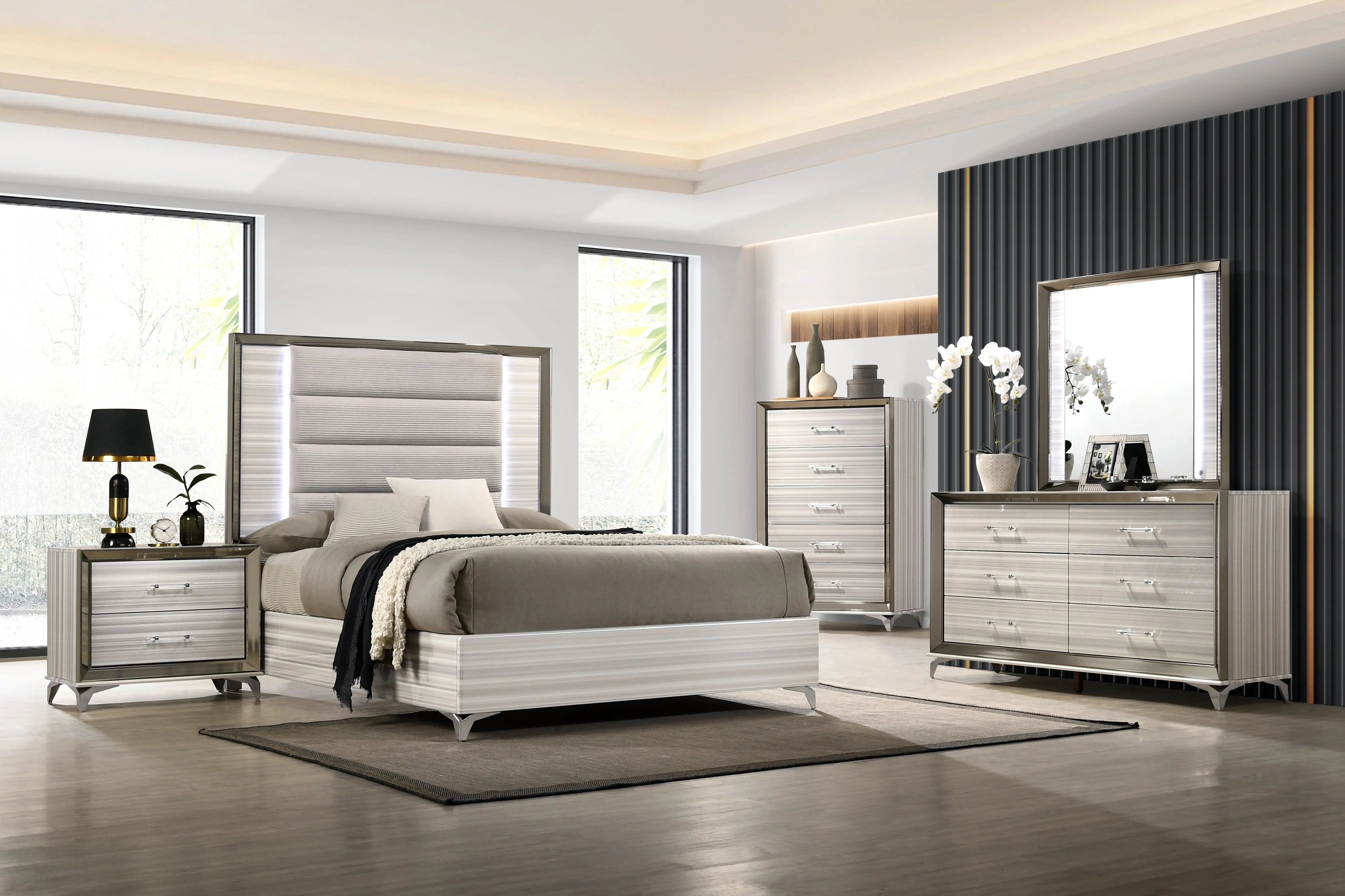 Beige White And Chrome Wood Upholstered Lighted King Bed Frame - GreatEagleInc