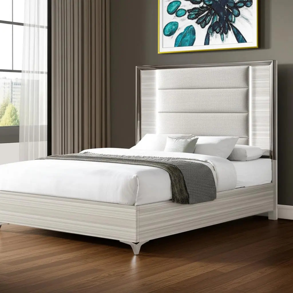 Beige White And Chrome Wood Upholstered Lighted King Bed Frame Homeroots Bed & Bath