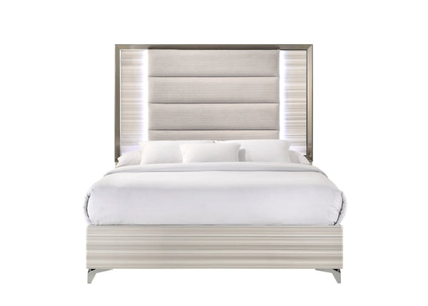 Beige White And Chrome Wood Upholstered Lighted Queen Bed Frame Homeroots Bed & Bath