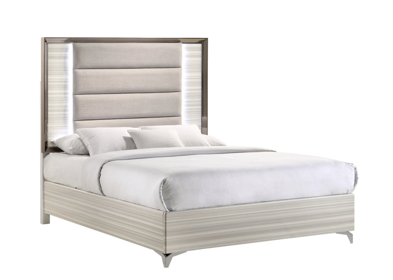 Beige White And Chrome Wood Upholstered Lighted Queen Bed Frame Homeroots Bed & Bath