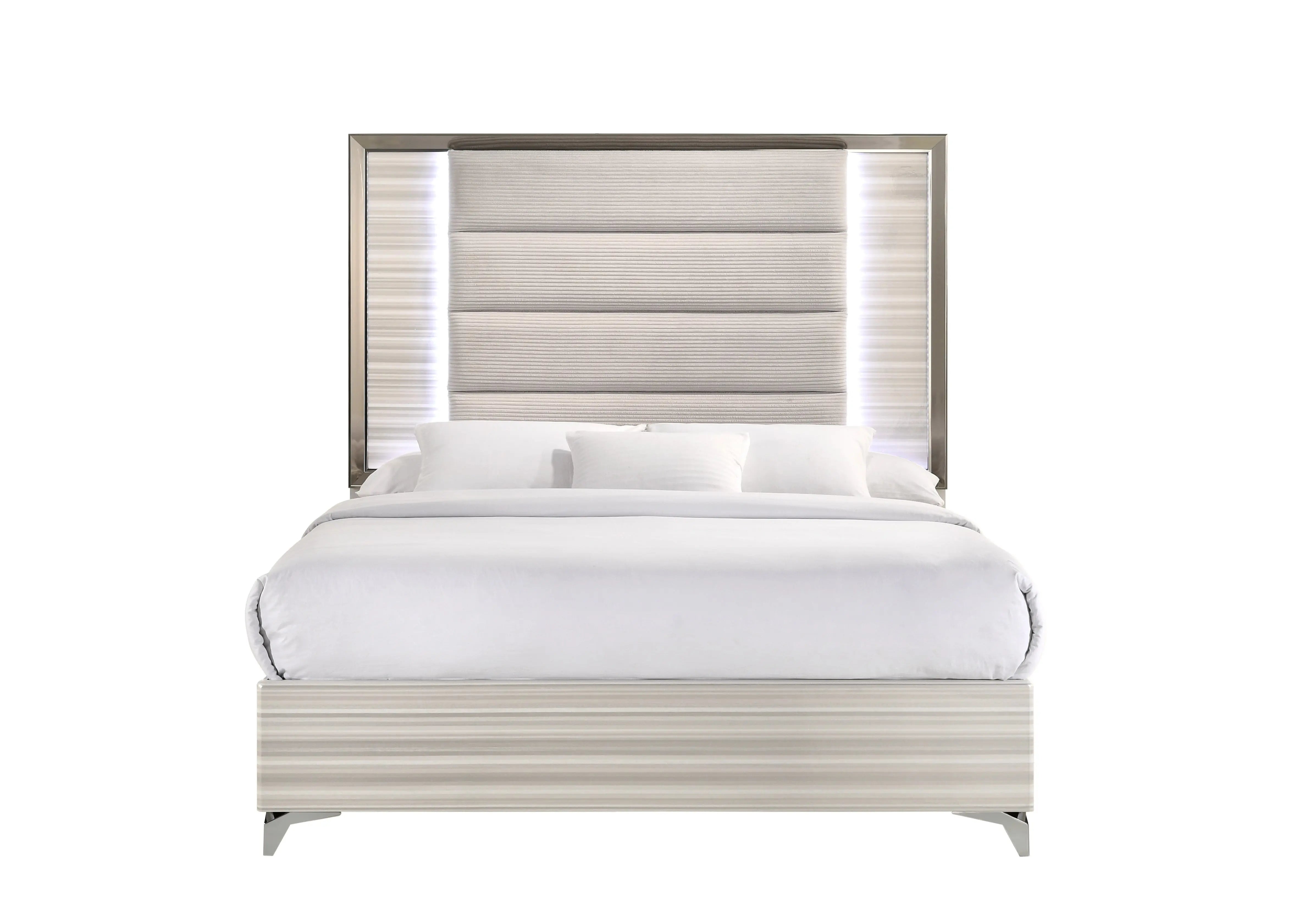 Beige White And Chrome Wood Upholstered Lighted Queen Bed Frame Homeroots Bed & Bath