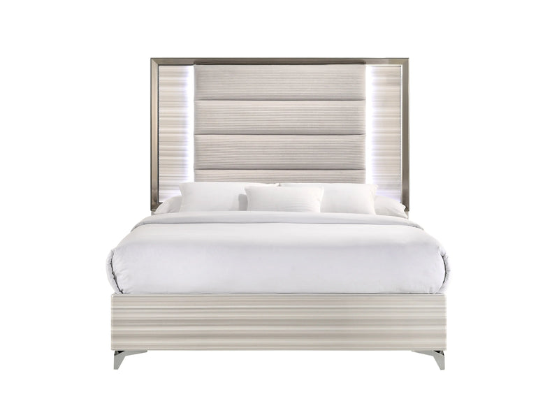 Beige White And Chrome Wood Upholstered Lighted Queen Bed Frame Homeroots Bed & Bath