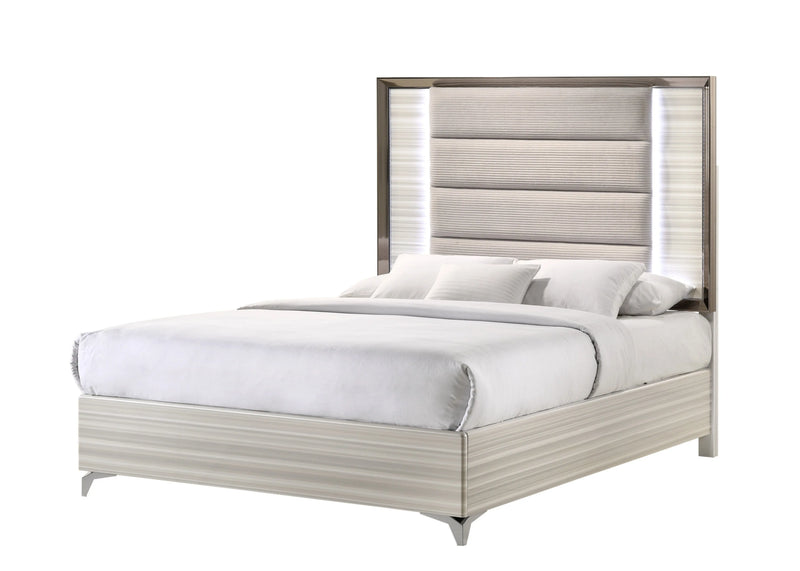 Beige White And Chrome Wood Upholstered Lighted Queen Bed Frame Homeroots Bed & Bath