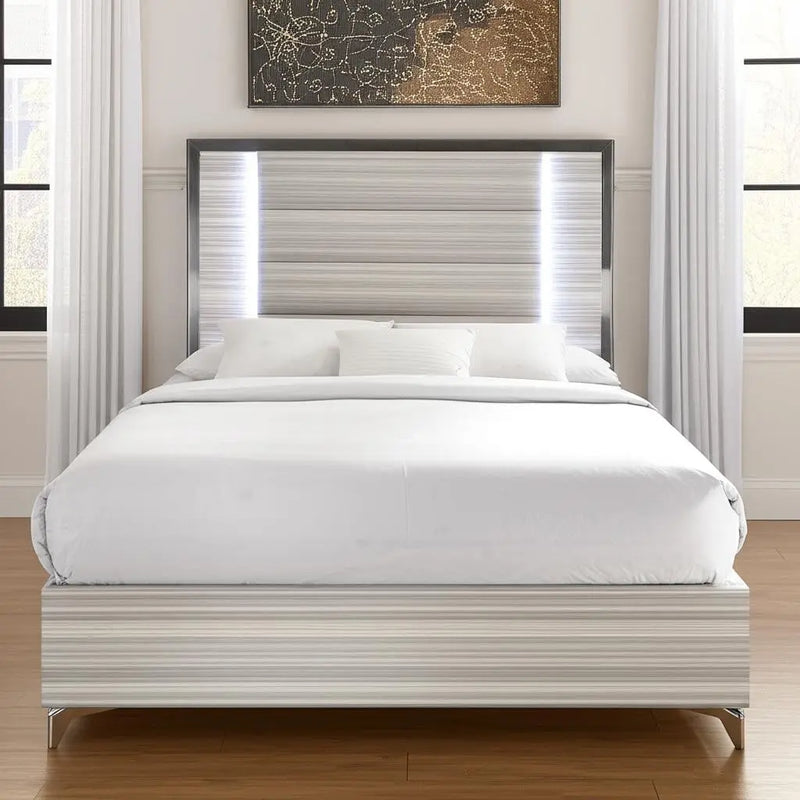 Beige White And Chrome Wood Upholstered Lighted Queen Bed Frame Homeroots Bed & Bath
