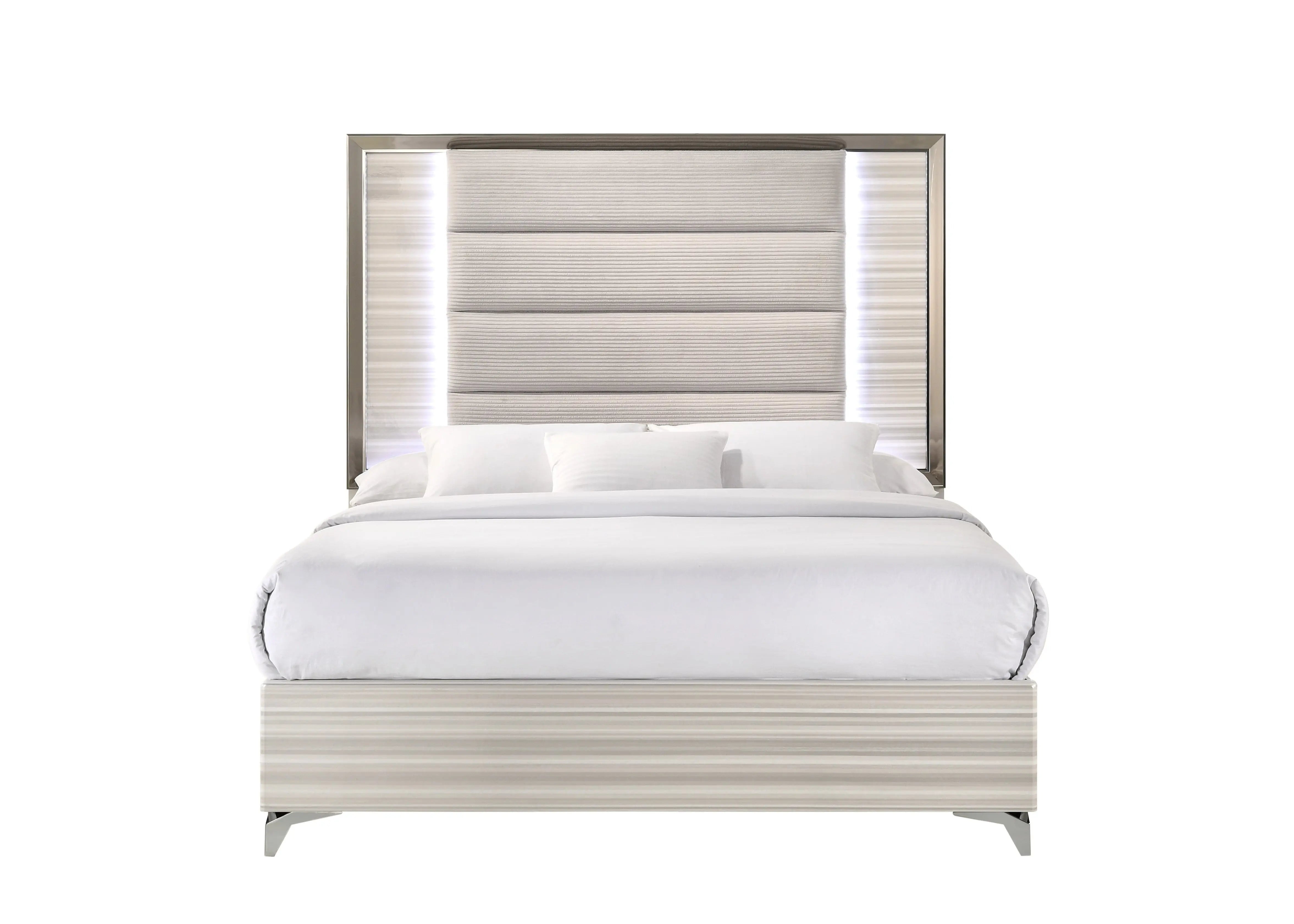 Beige White And Chrome Wood Upholstered Lighted Queen Bed Frame Homeroots Bed & Bath