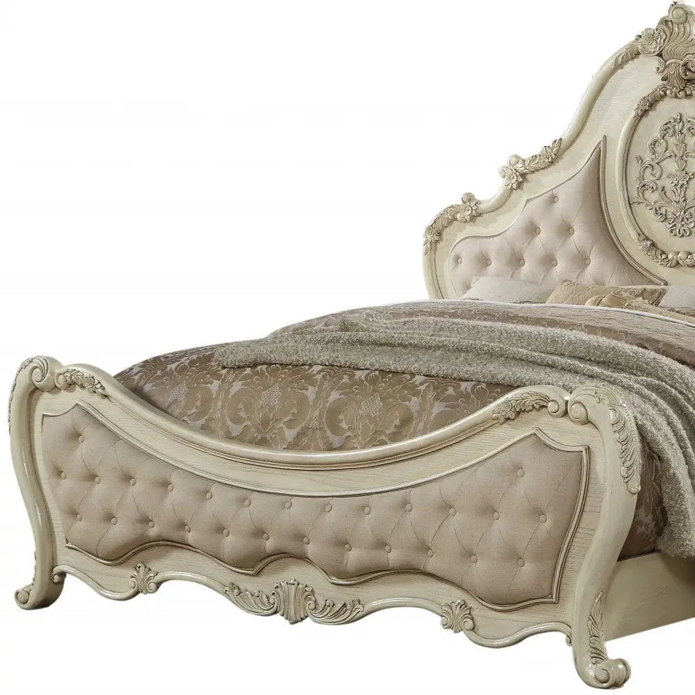 Beige Wood And Tufted Linen Queen Bed Frame With Nailhead Trim Homeroots Bed & Bath
