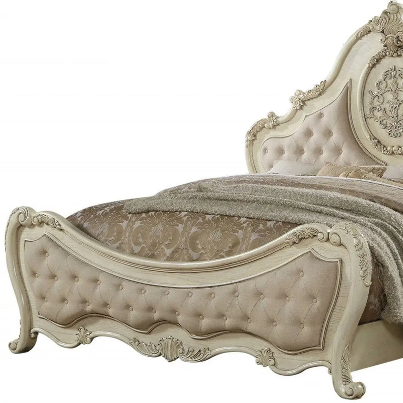 Beige Wood And Tufted Linen Queen Bed Frame With Nailhead Trim Homeroots Bed & Bath