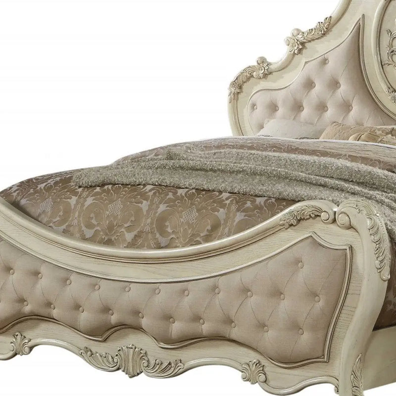 Beige Wood And Tufted Linen Queen Bed Frame With Nailhead Trim Homeroots Bed & Bath
