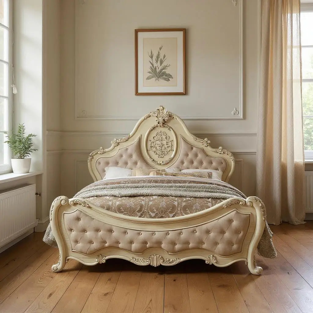 Beige Wood And Tufted Linen Queen Bed Frame With Nailhead Trim Homeroots Bed & Bath