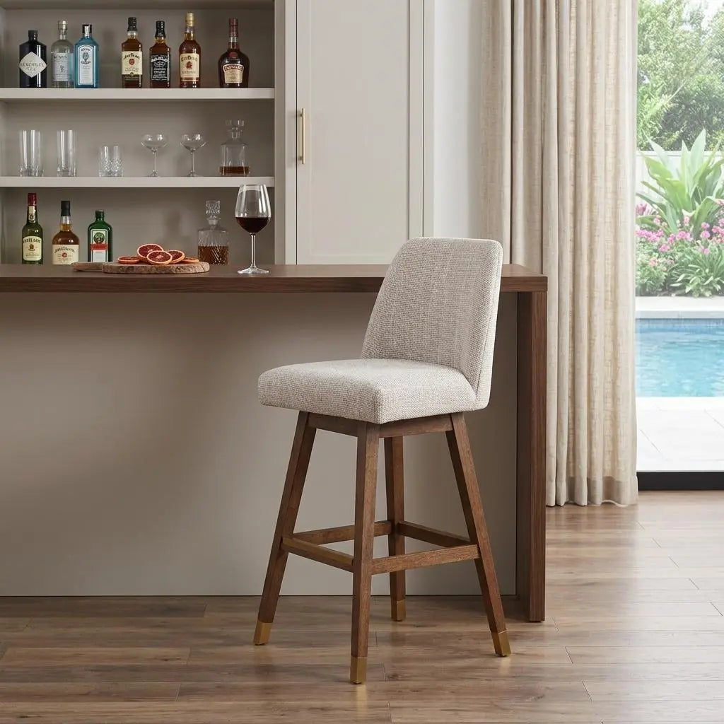 Beige and Brown Solid Wood Bar Height Swivel Bar Chair Homeroots Living Room