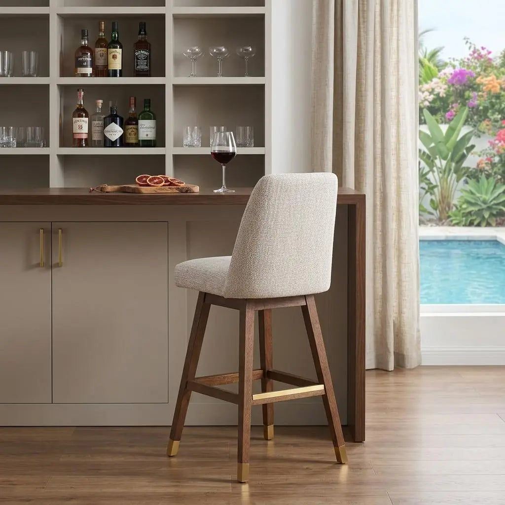 Beige and Brown Solid Wood Bar Height Swivel Bar Chair Homeroots Living Room