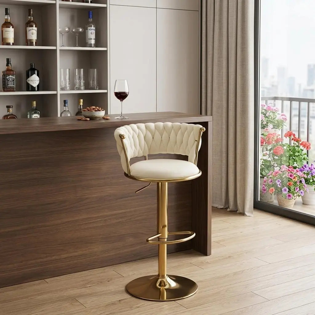 Beige and Gold Velvet and Metal Low Back Adjustable Height Swivel Bar Chair Homeroots Living Room