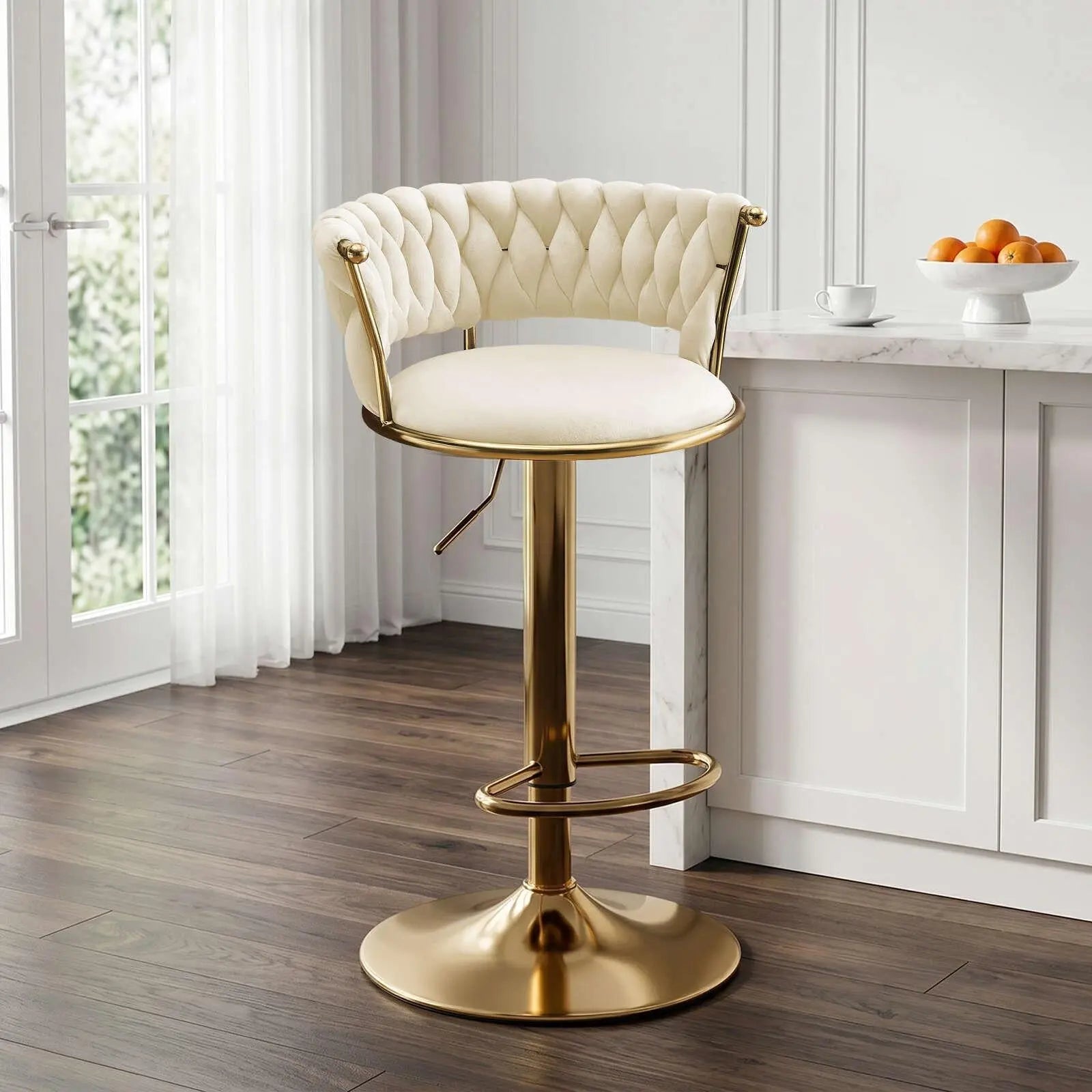 Beige and Gold Velvet and Metal Low Back Adjustable Height Swivel Bar Chair Homeroots Living Room