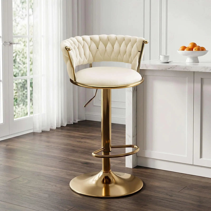 Beige and Gold Velvet and Metal Low Back Adjustable Height Swivel Bar Chair Homeroots Living Room