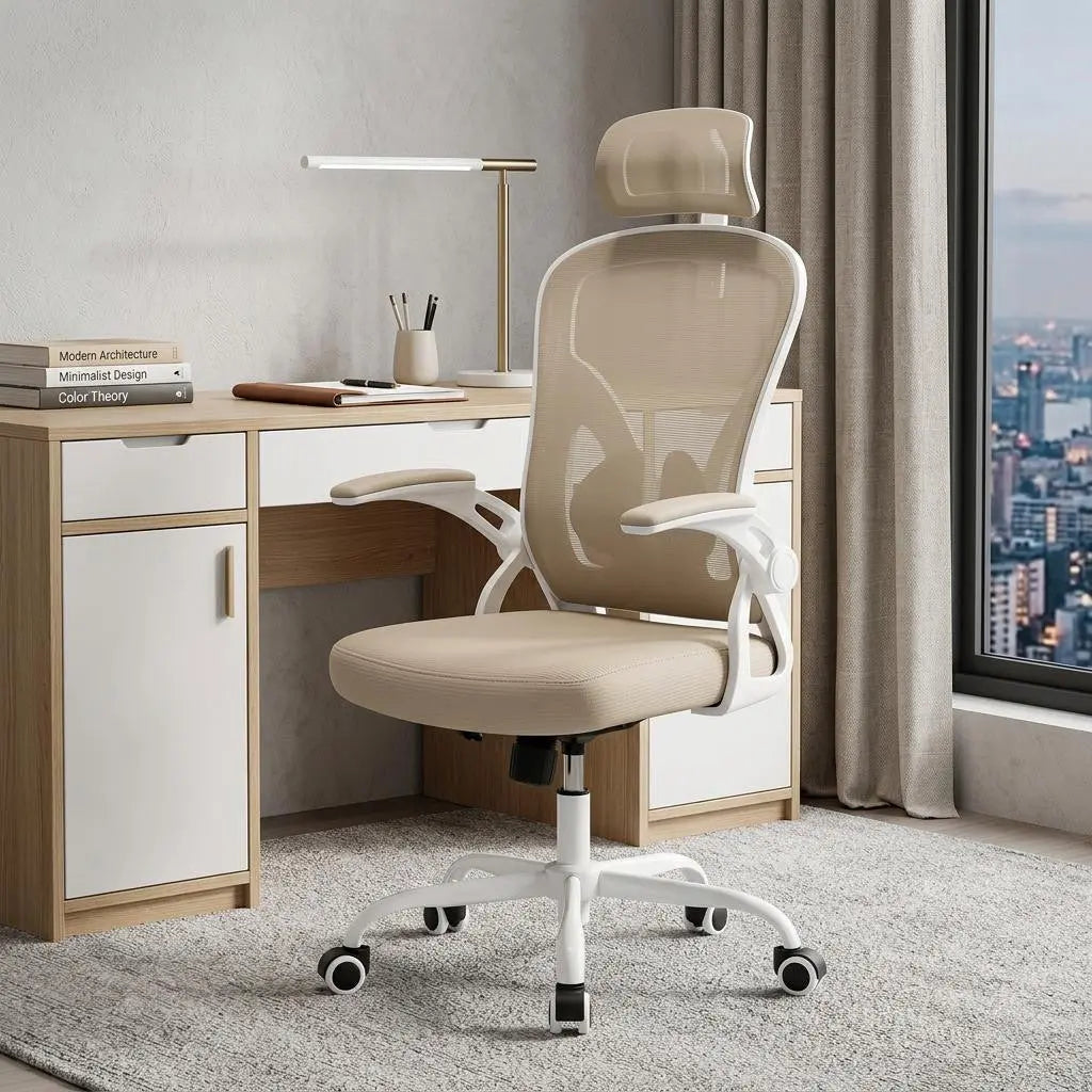 Beige and White Adjustable Height Swivel Rolling Executive Office Chair Homeroots Office