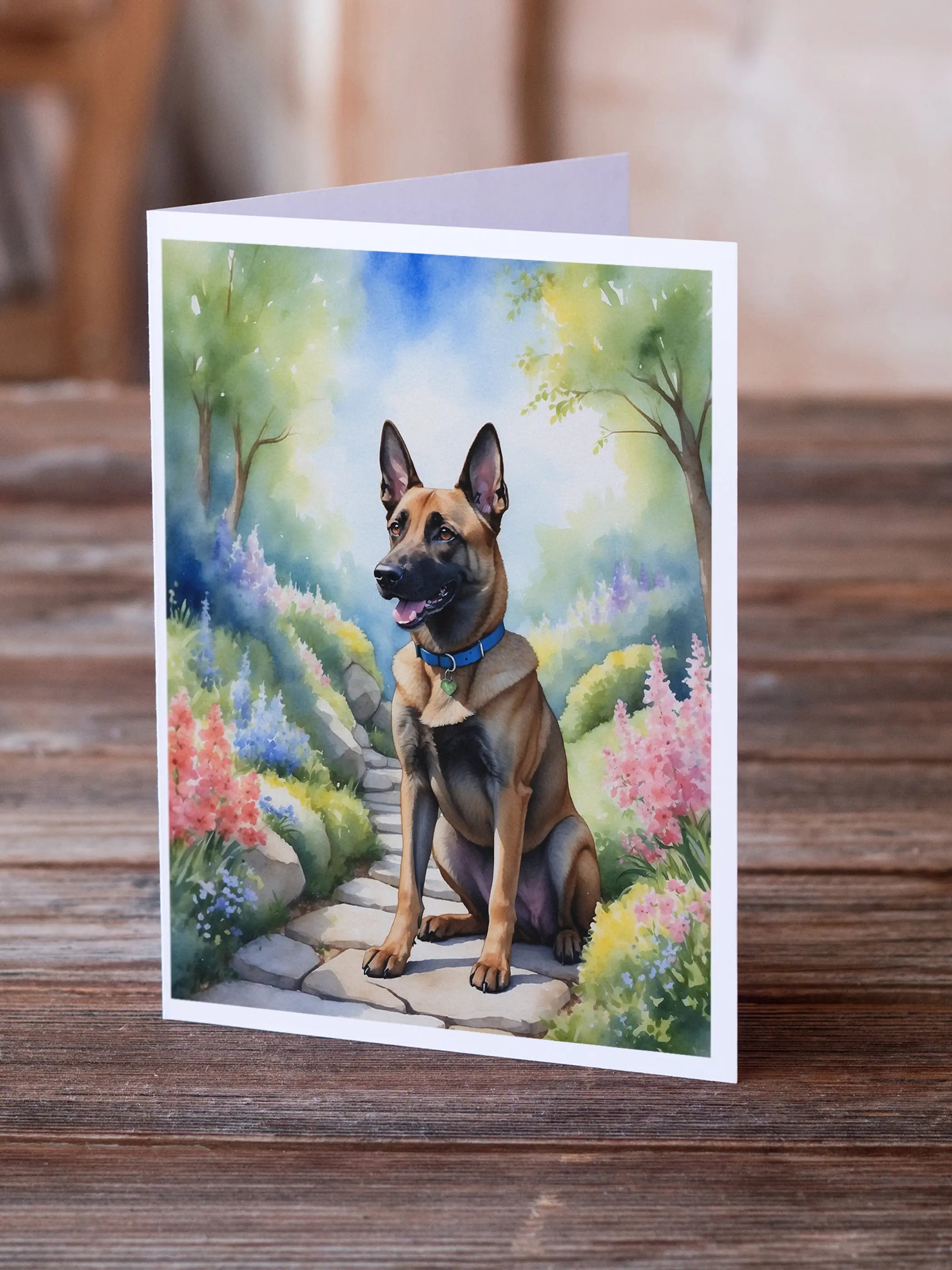 Brown Belgian Malinois greeting card with vibrant floral scene and soft pastel colors, perfect for dog lovers.
