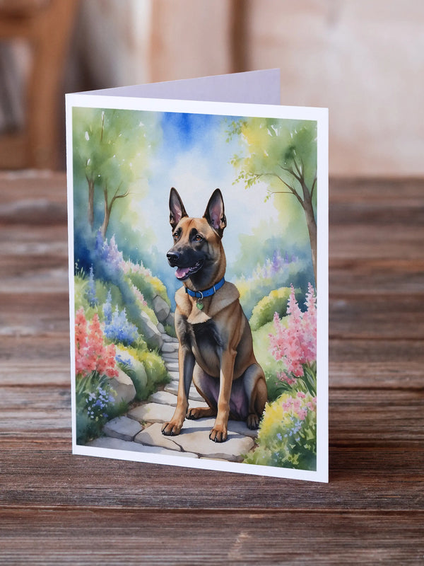 Brown Belgian Malinois greeting card with vibrant floral scene and soft pastel colors, perfect for dog lovers.