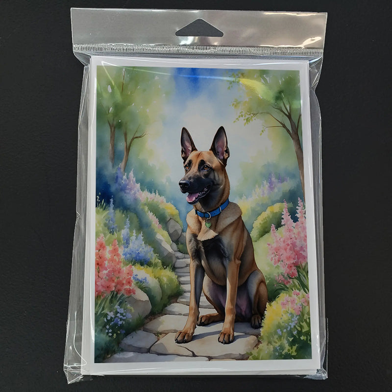 Belgian Malinois dog greeting card, colorful floral background, vibrant artwork, premium quality paper.