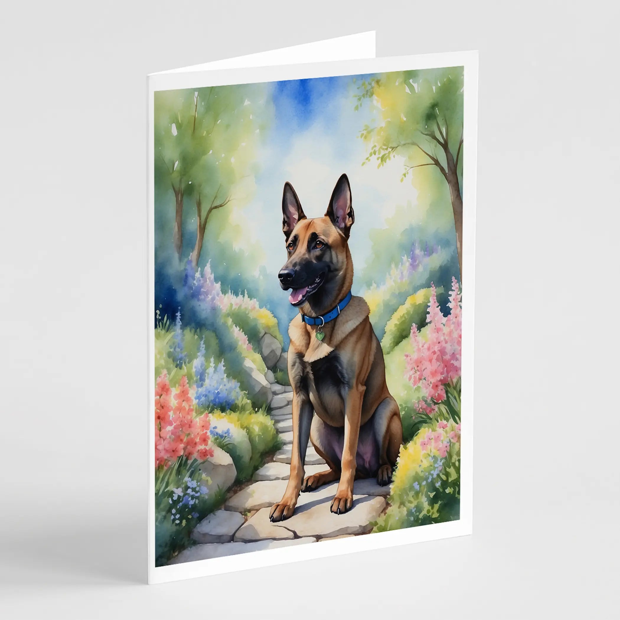 Watercolor greeting card featuring a brown dog in a colorful garden with pink and purple flowers.