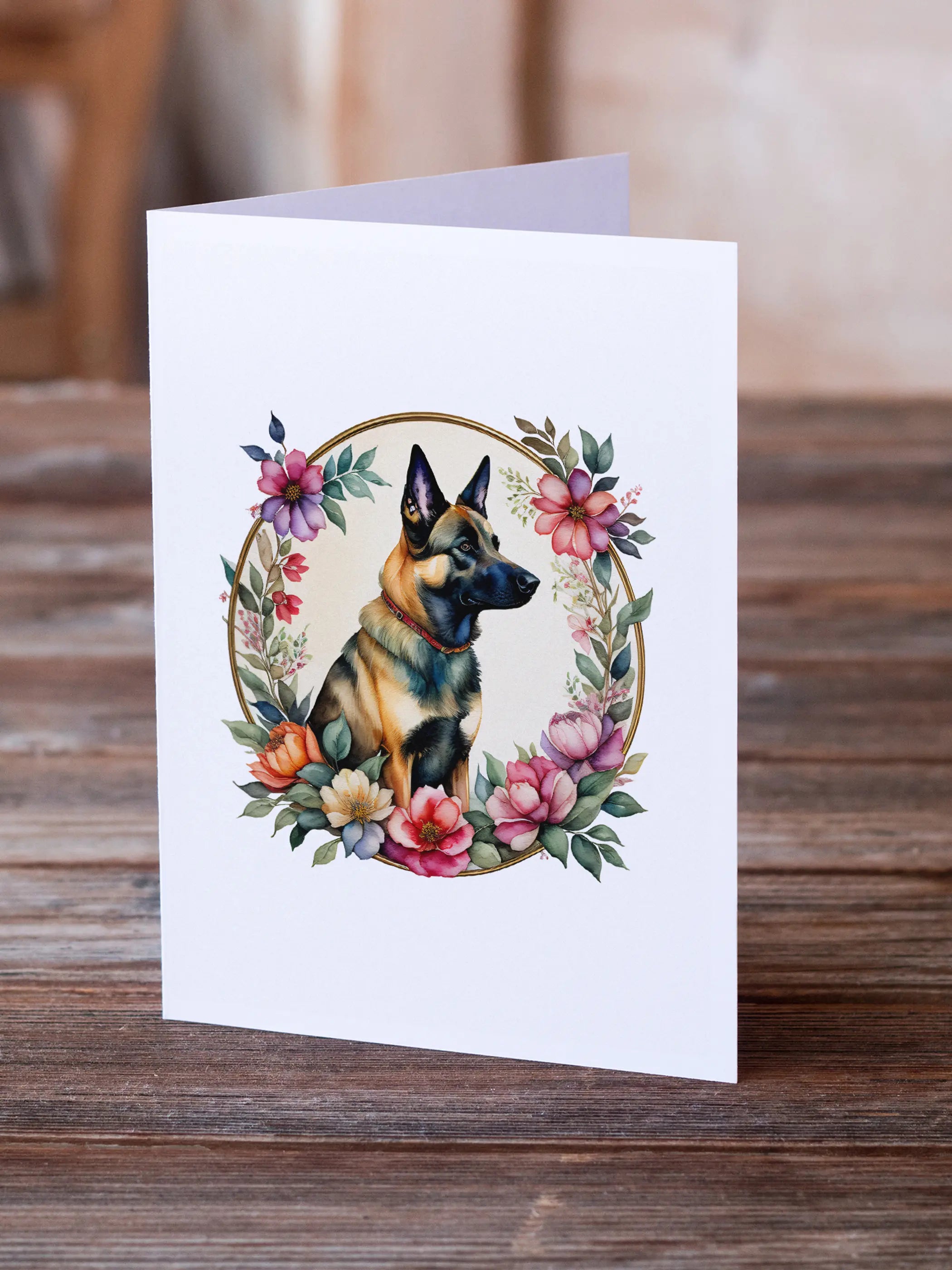 Belgian Malinois and Flowers Greeting Cards Pack of 8 Caroline's Treasures