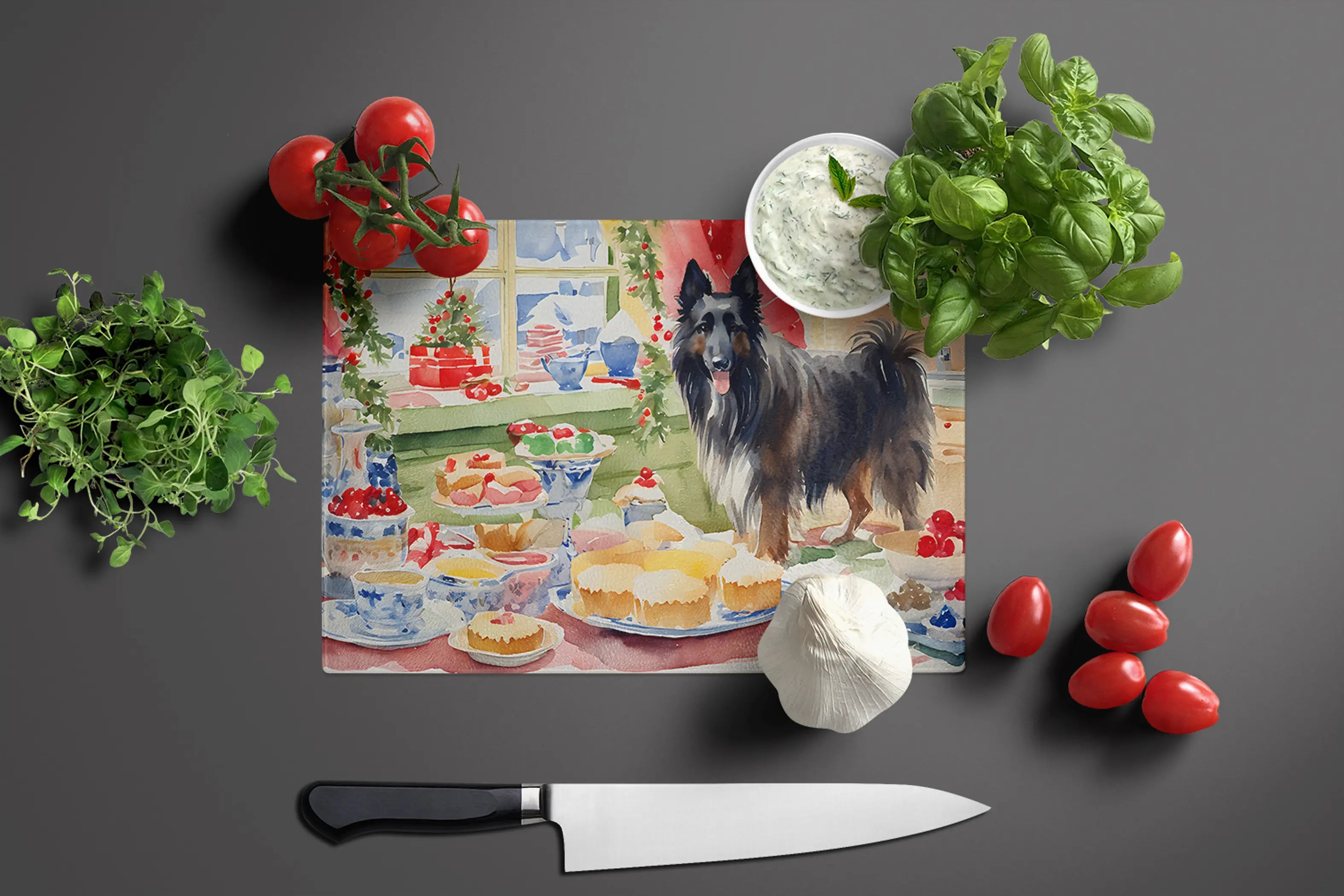 Belgian Sheepdog Christmas Cookies Glass Cutting Board Caroline's Treasures