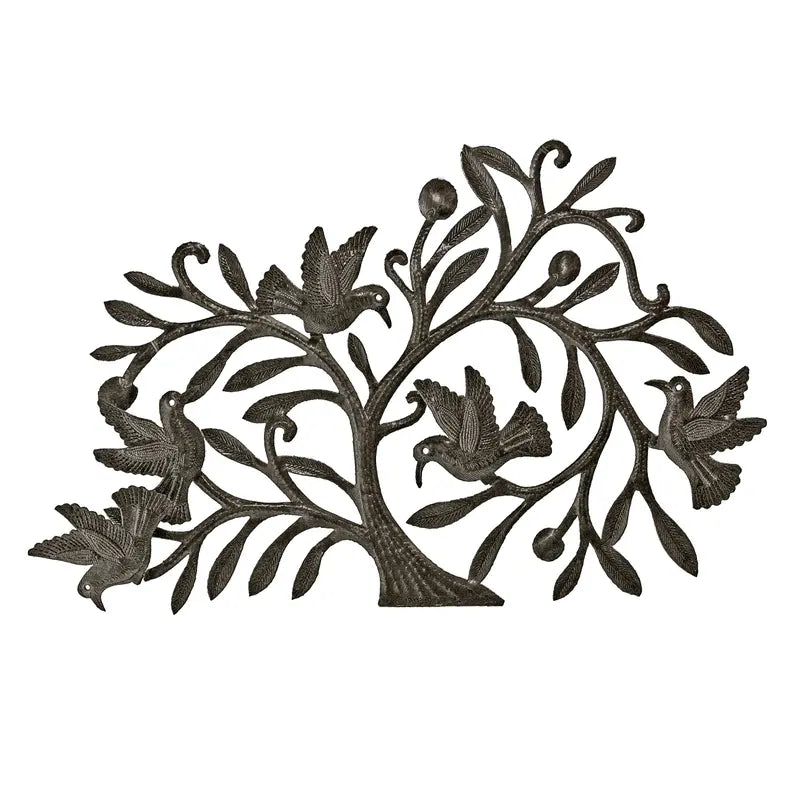 Handcrafted metal wall art featuring a bronze tree with birds, intricate leaf details, perfect for rustic decor.