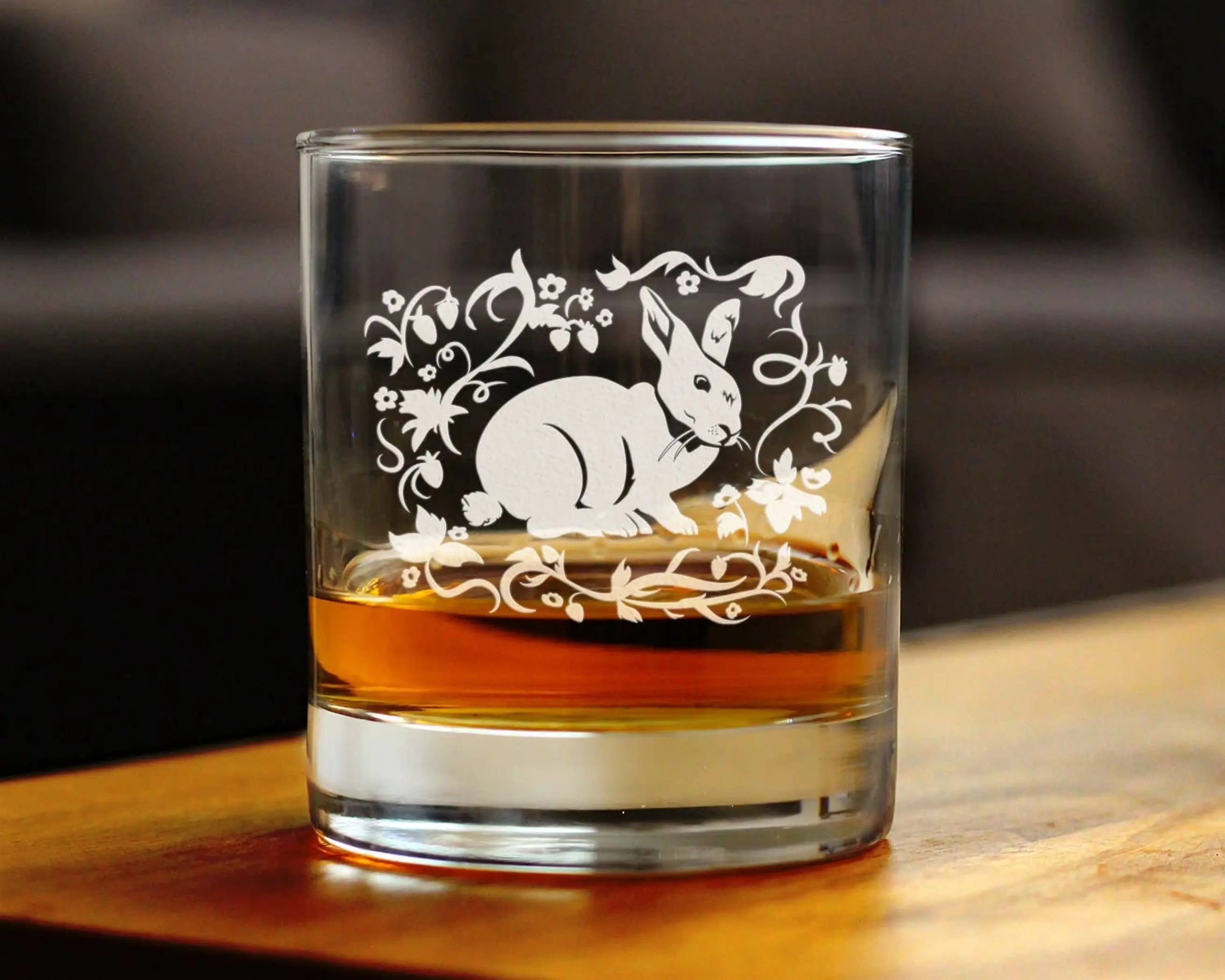Berry Patch Bunny Rabbit Whiskey Rocks Glass - Rabbit Gifts Bevvee