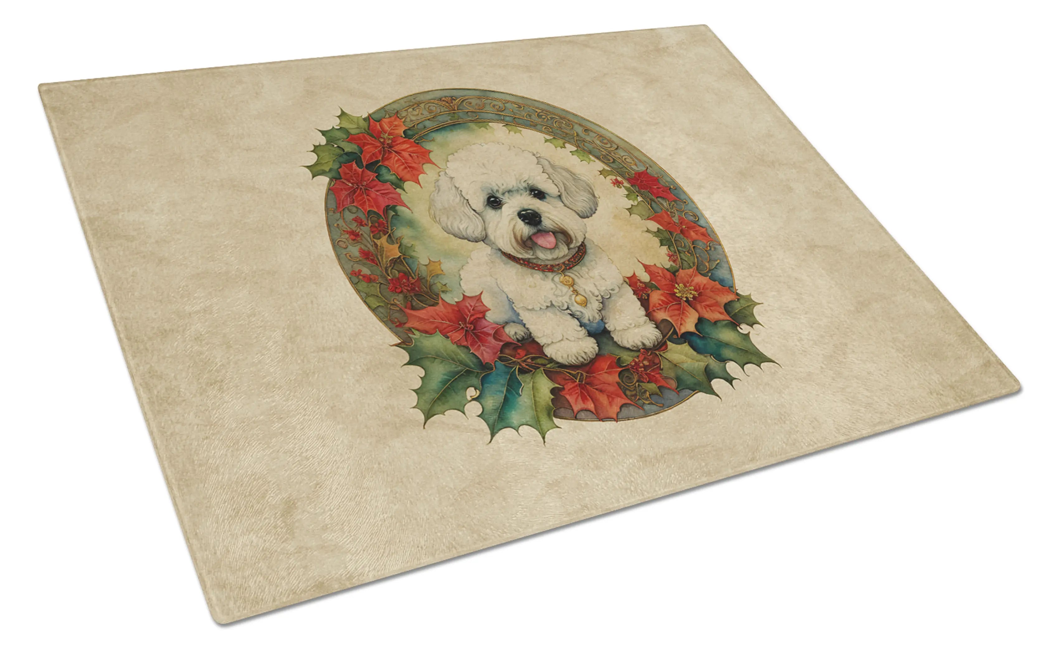 Bichon Frise Christmas Flowers Glass Cutting Board Caroline's Treasures