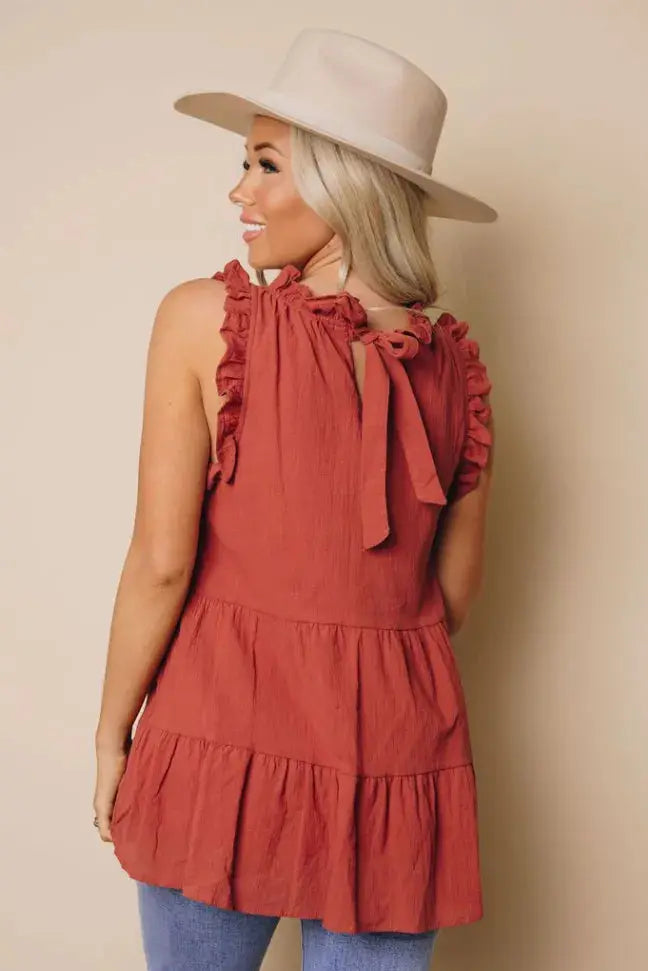 Bitsy Knotted Tiered Flowy Tank Stay Warm in Style