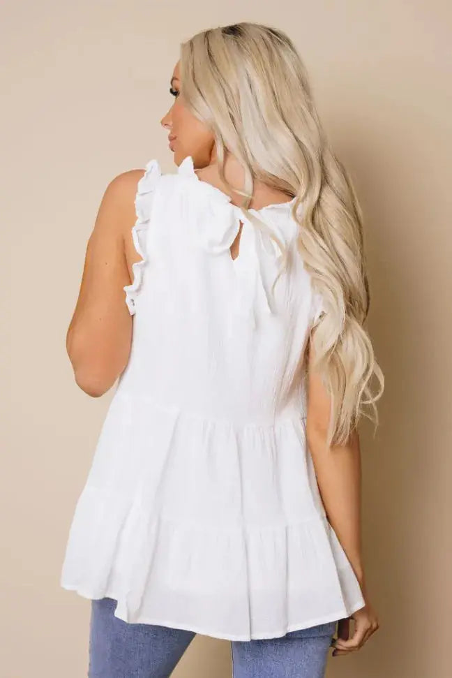 Bitsy Knotted Tiered Flowy Tank Stay Warm in Style