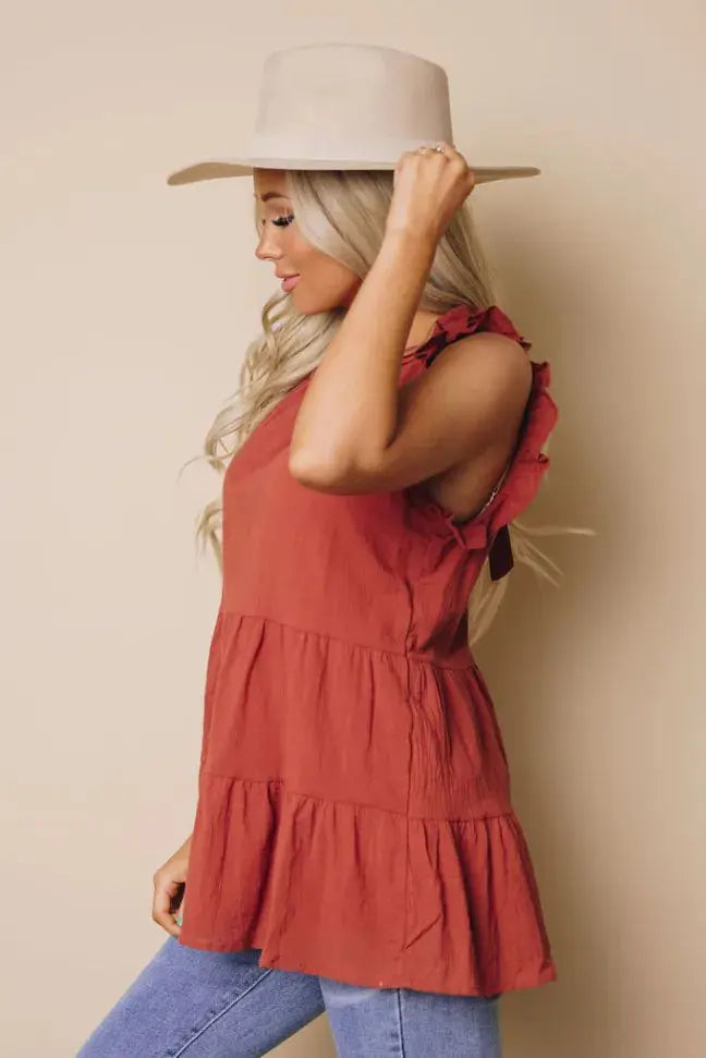 Bitsy Knotted Tiered Flowy Tank Stay Warm in Style