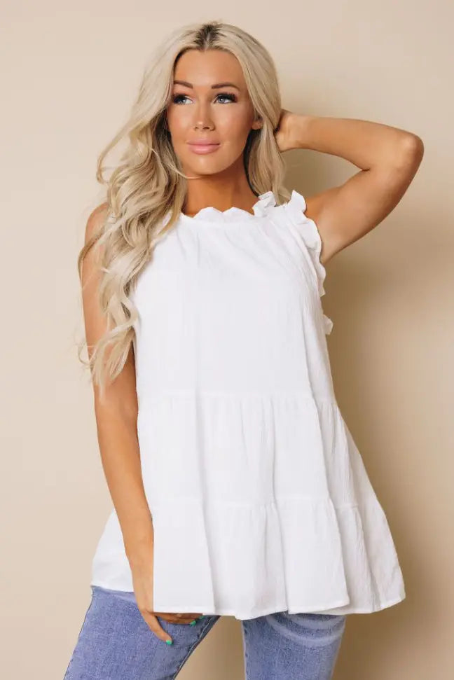 Bitsy Knotted Tiered Flowy Tank Stay Warm in Style