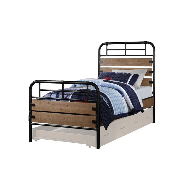 Black And Oak Shiplap Texture Wood and Metal Twin Bed Frame Homeroots Bed & Bath