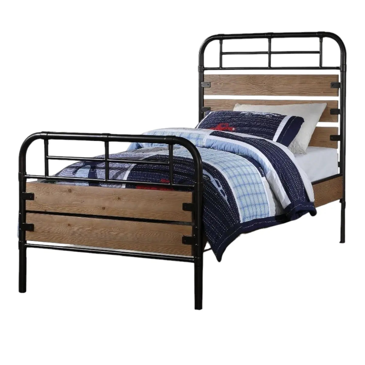 Black And Oak Shiplap Texture Wood and Metal Twin Bed Frame Homeroots Bed & Bath